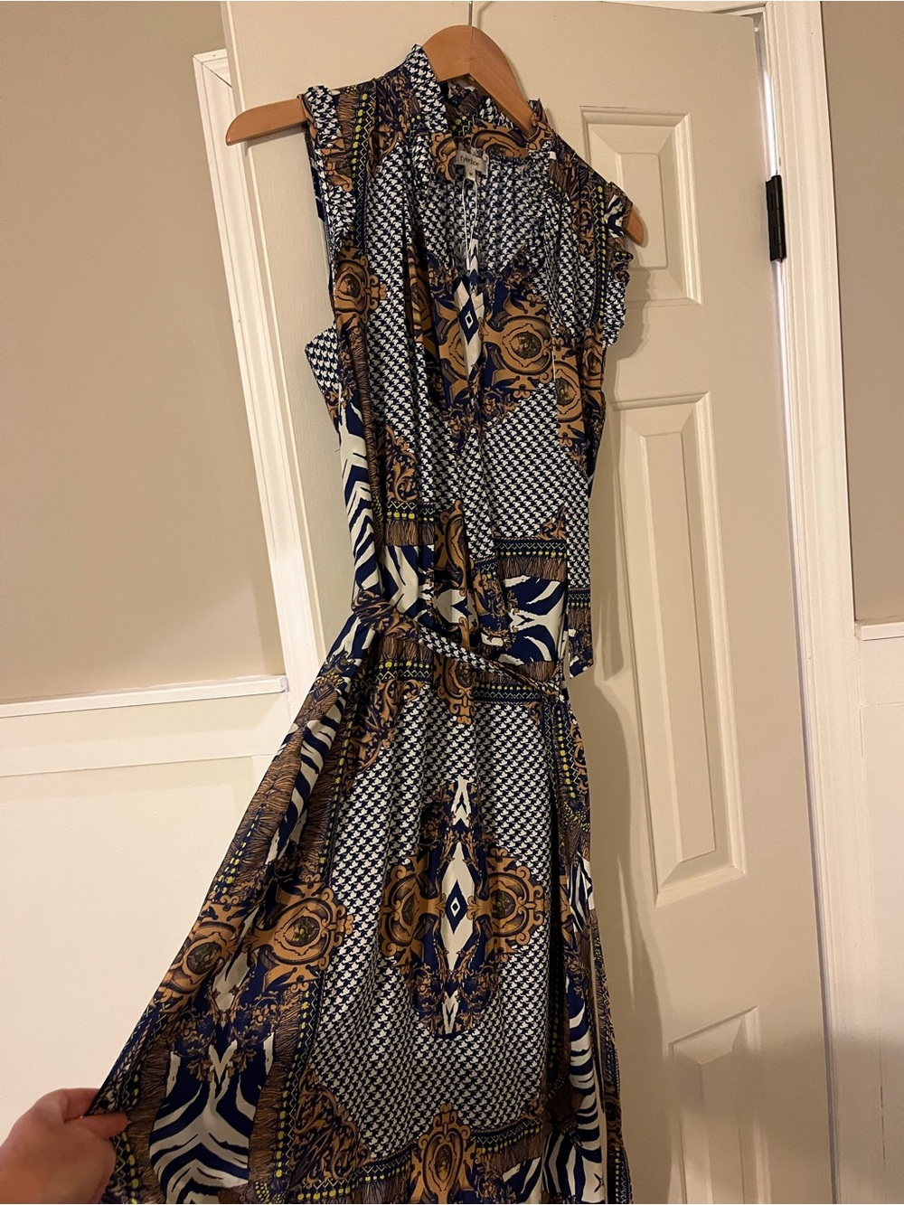 Tyler Boe Baroque Print Navy and Gold Patterned Midi Dress